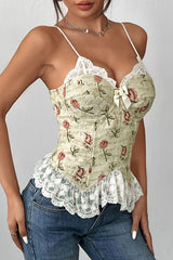 Lace Patchwork Floral Jacquard Cinch Waist Cami - Yellow