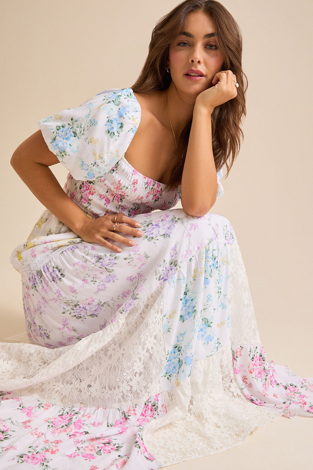 Ditsy Floral Print Puff Sleeve Lace Patchwork Maxi Dresses - White