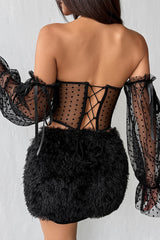 Off Shoulder Flare Sleeve Polka Dot Print See Through Mesh Corset - Black