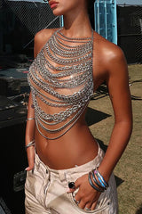 Dangle Chains Cutout Halter Neck Backless Party Crop Top - Silver