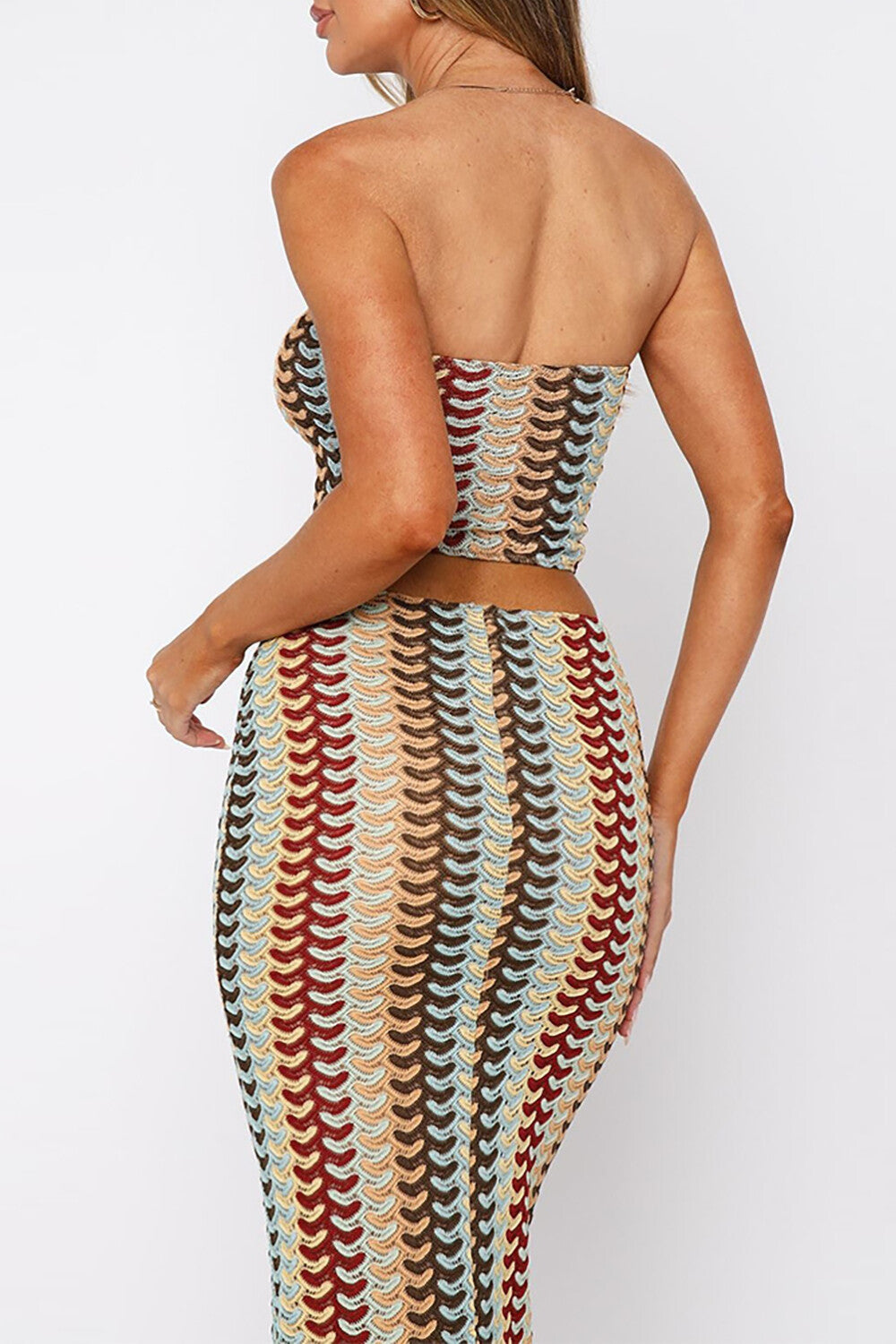 Knit Abstract Multicolor Striped Crop Tube Top Fitted Maxi Skirt Set - Beige