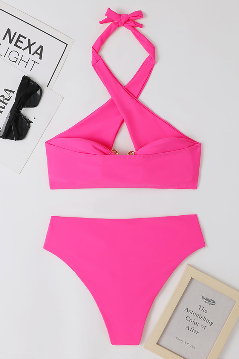 Crossover Cut Out Halter Neck Metal Decor High Waist Bikini Two - Piece Set Swimsuit