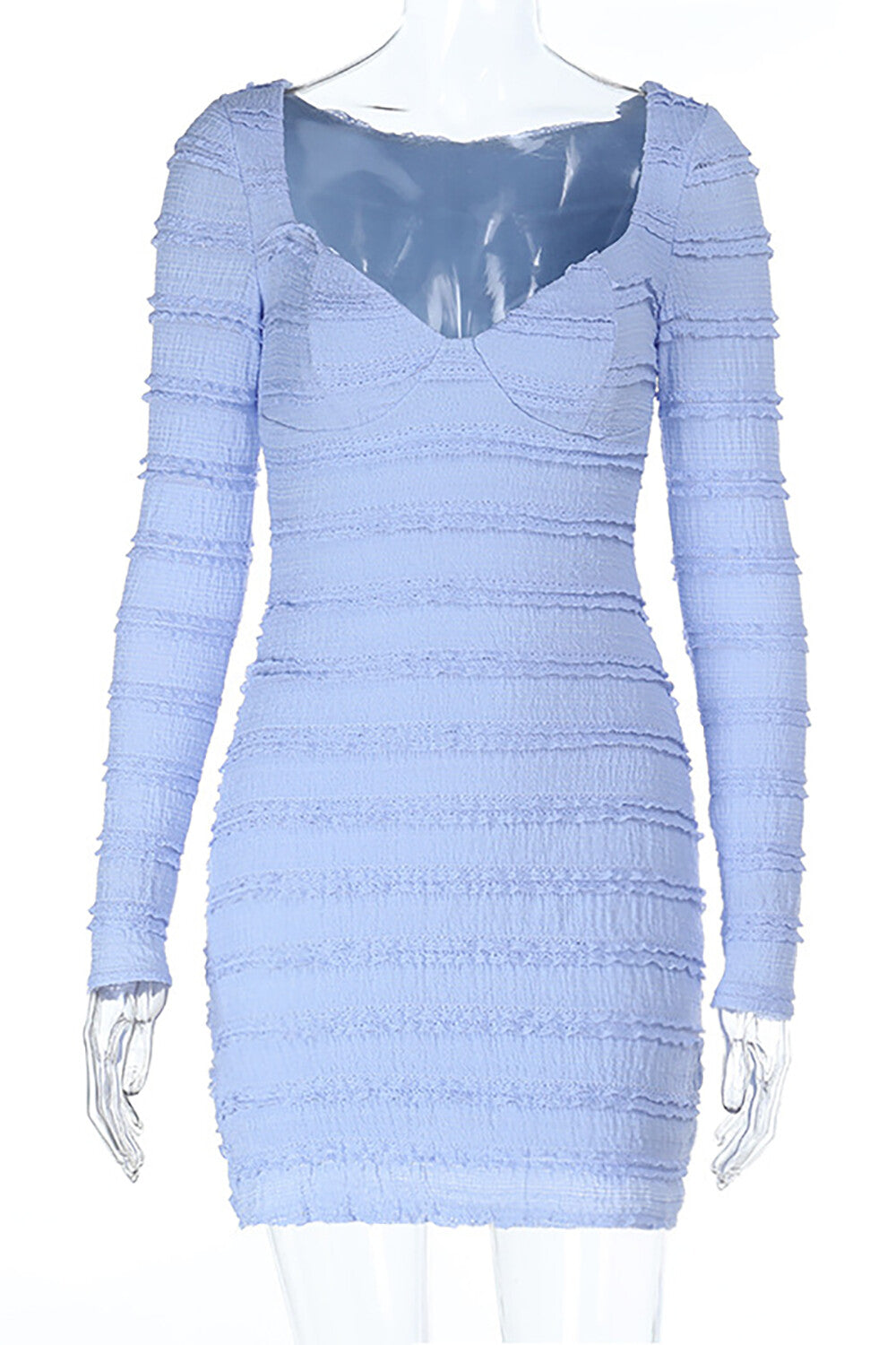 V Neckline Long Sleeve Frilled Trim Solid Color Slim Fit Mini Dresses - Blue