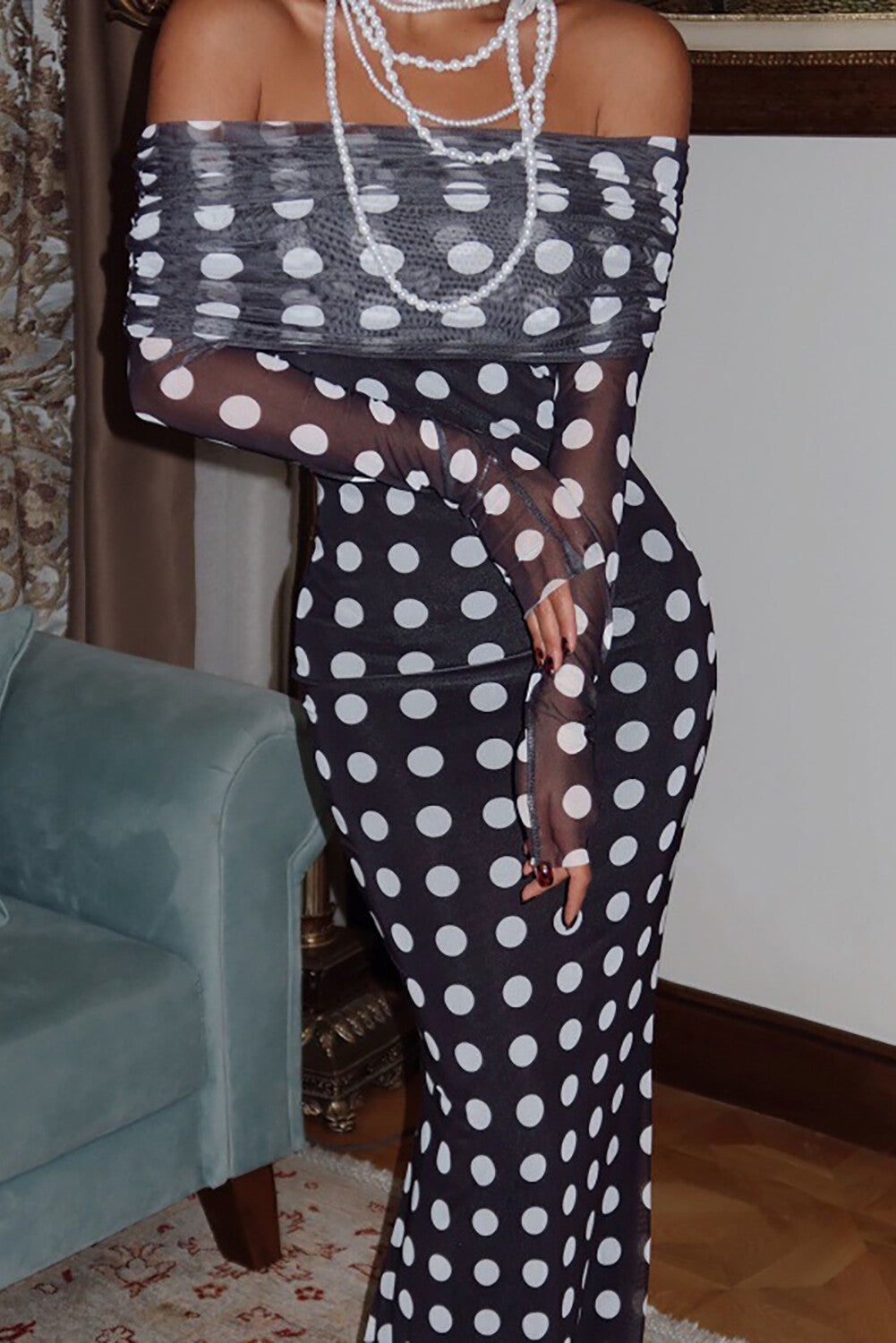 Polka Dot Print Off Shoulder Long Sleeve Bodycon Maxi Dresses - Black