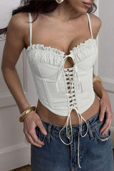 Front Lace Up Cutout Ruched Crop Cami Corset - Yellow