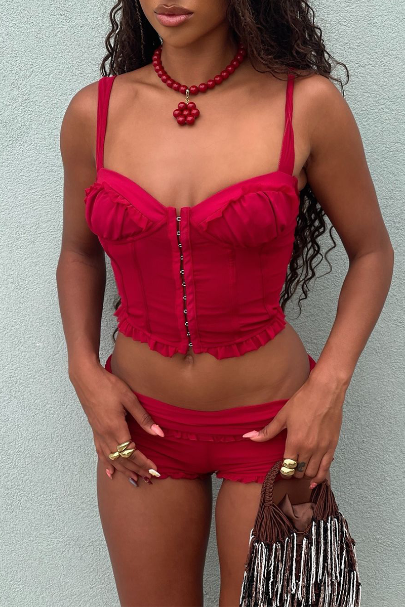 Crop Cami Corset Frilled Trim Shorts Matching Set - Red