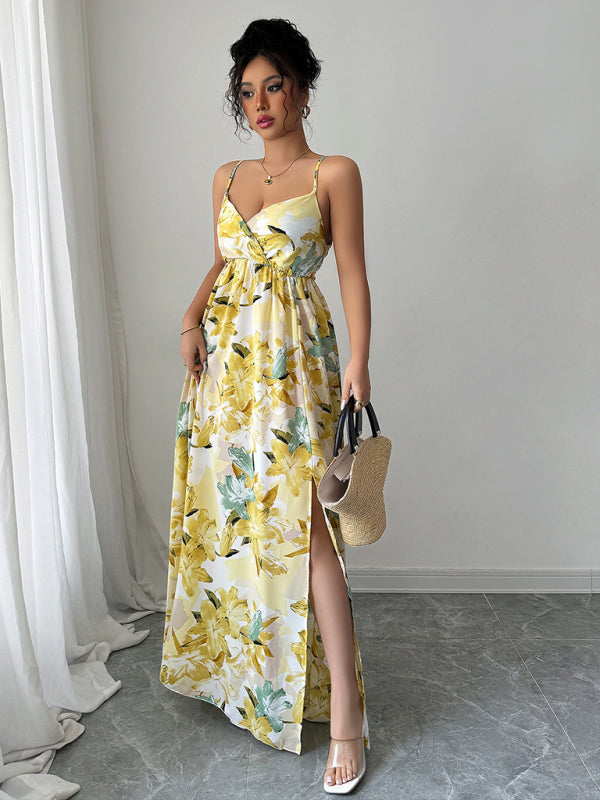 elegant suspender printed long dress