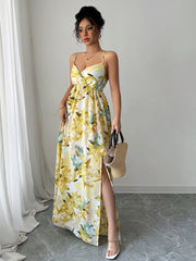 elegant suspender printed long dress