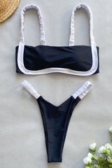 Contrast Trim Beach Split Swimsuit Two - Piece Set - Black