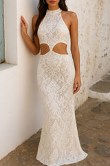High Neck Waist Cutout Jacquard Lace Fitted Maxi Dresses - White Pre Order
