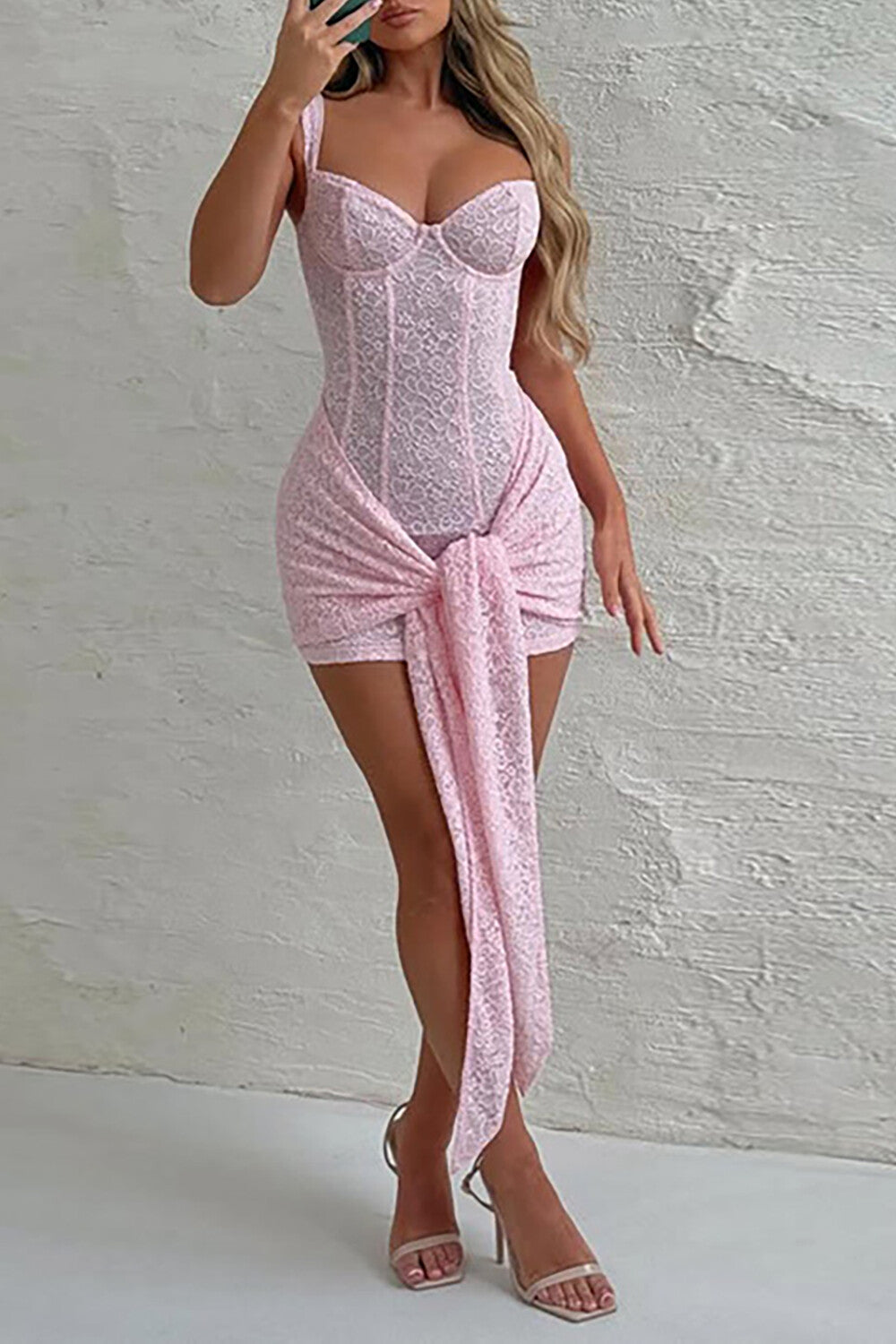 Corset Design Ruched Tie Up Streamer Bodycon Lace Slip Mini Dresses - Pink