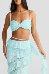 Lace Crop Cami Tiered Ruffled Streamer Maxi Skirt 2pcs Set - Blue