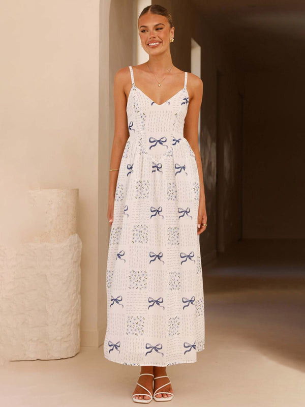 V-neck waist holiday backless bow print dress