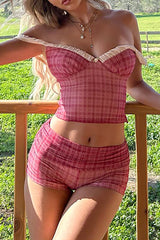 Plaid Print Colorblock Crop Cami Low - Rise Slim Fit Shorts 2pcs Set - Fuchsia