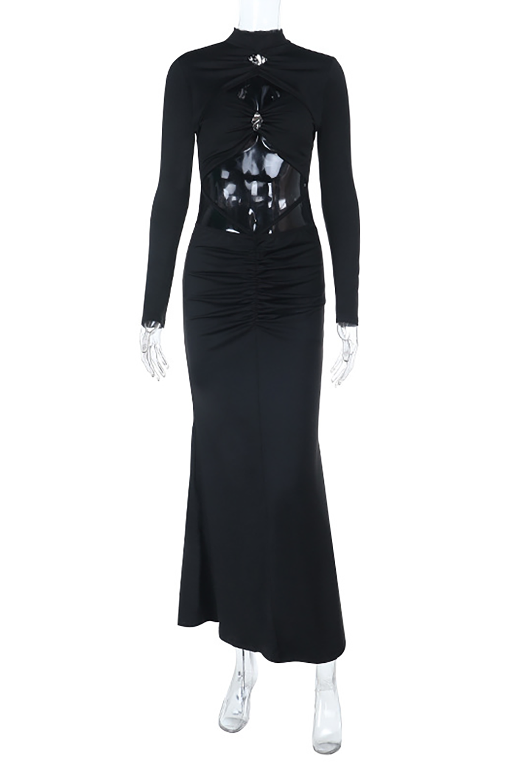 Stand Collar Long Sleeve Cutout Bodycon Maxi Dresses - Black