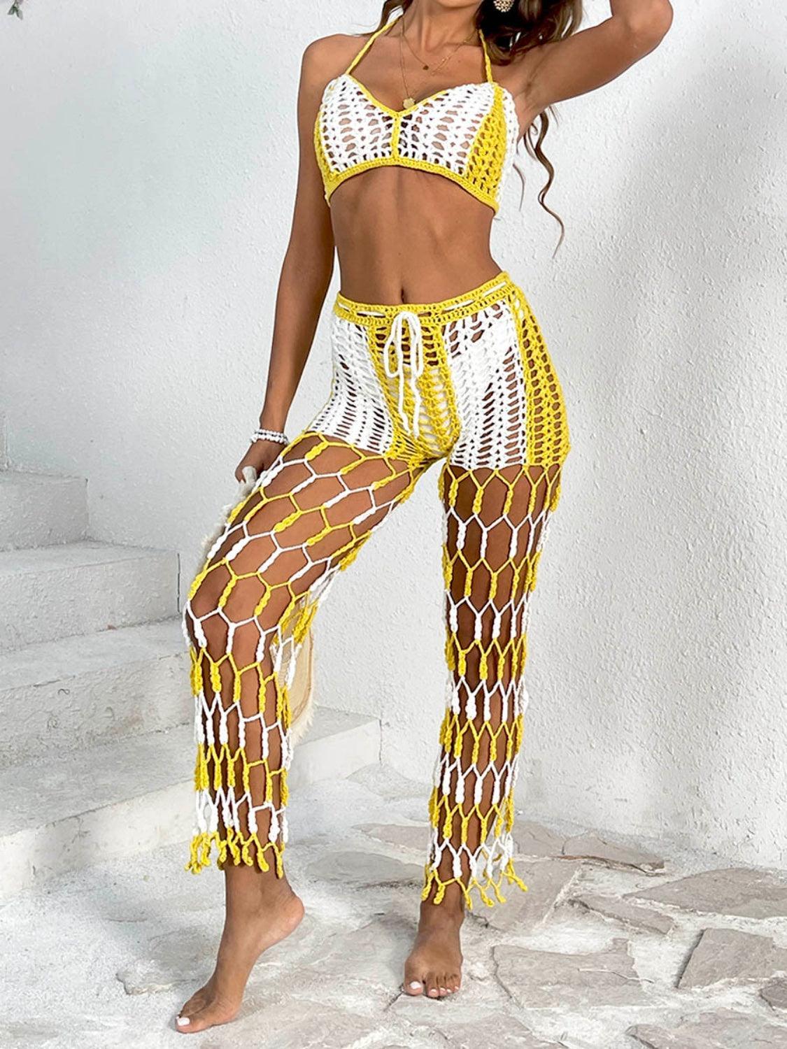 Conjunto de traje de baño de dos piezas con top y pantalón con escote halter recortado