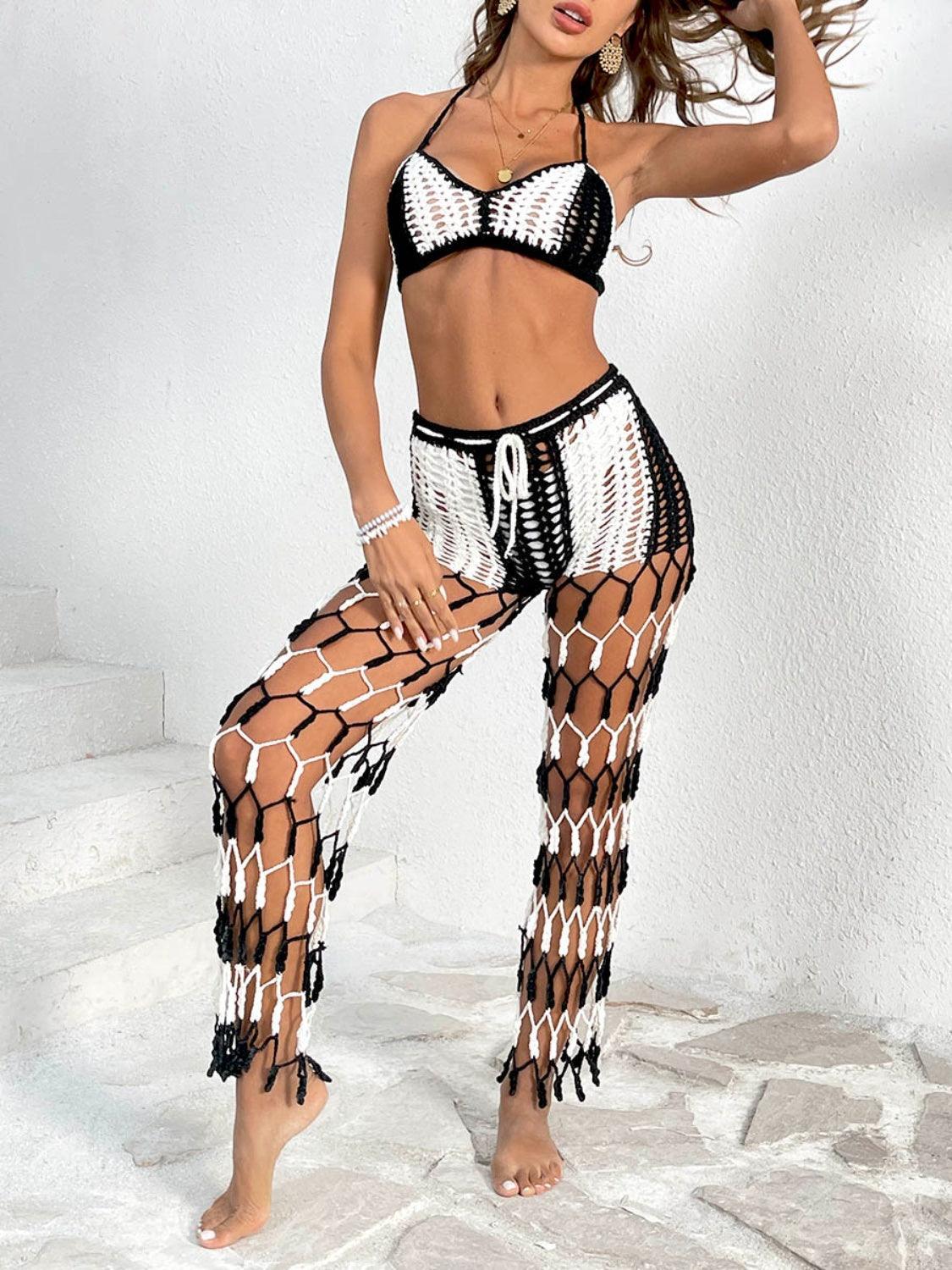 Conjunto de traje de baño de dos piezas con top y pantalón con escote halter recortado