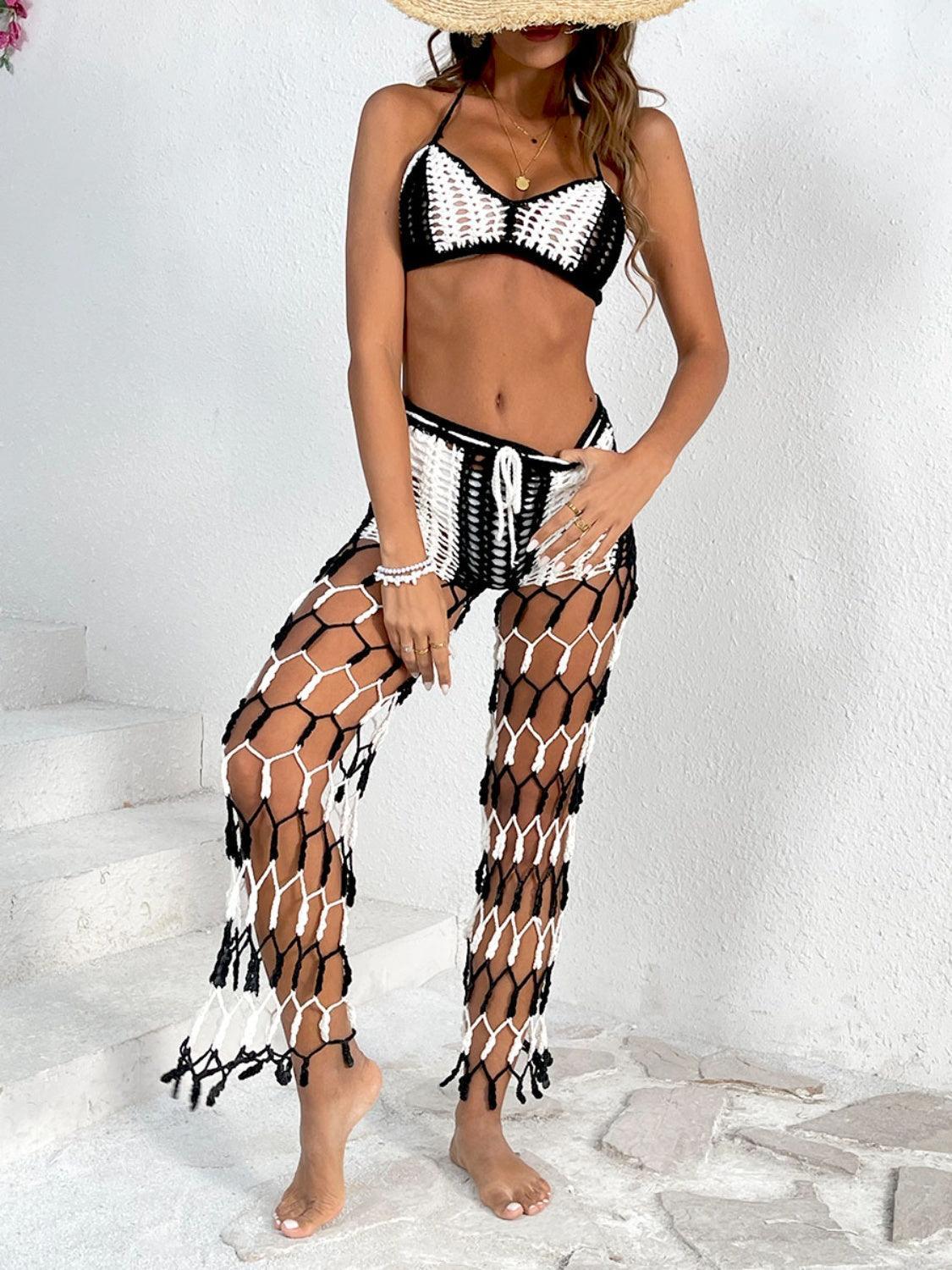 Conjunto de traje de baño de dos piezas con top y pantalón con escote halter recortado