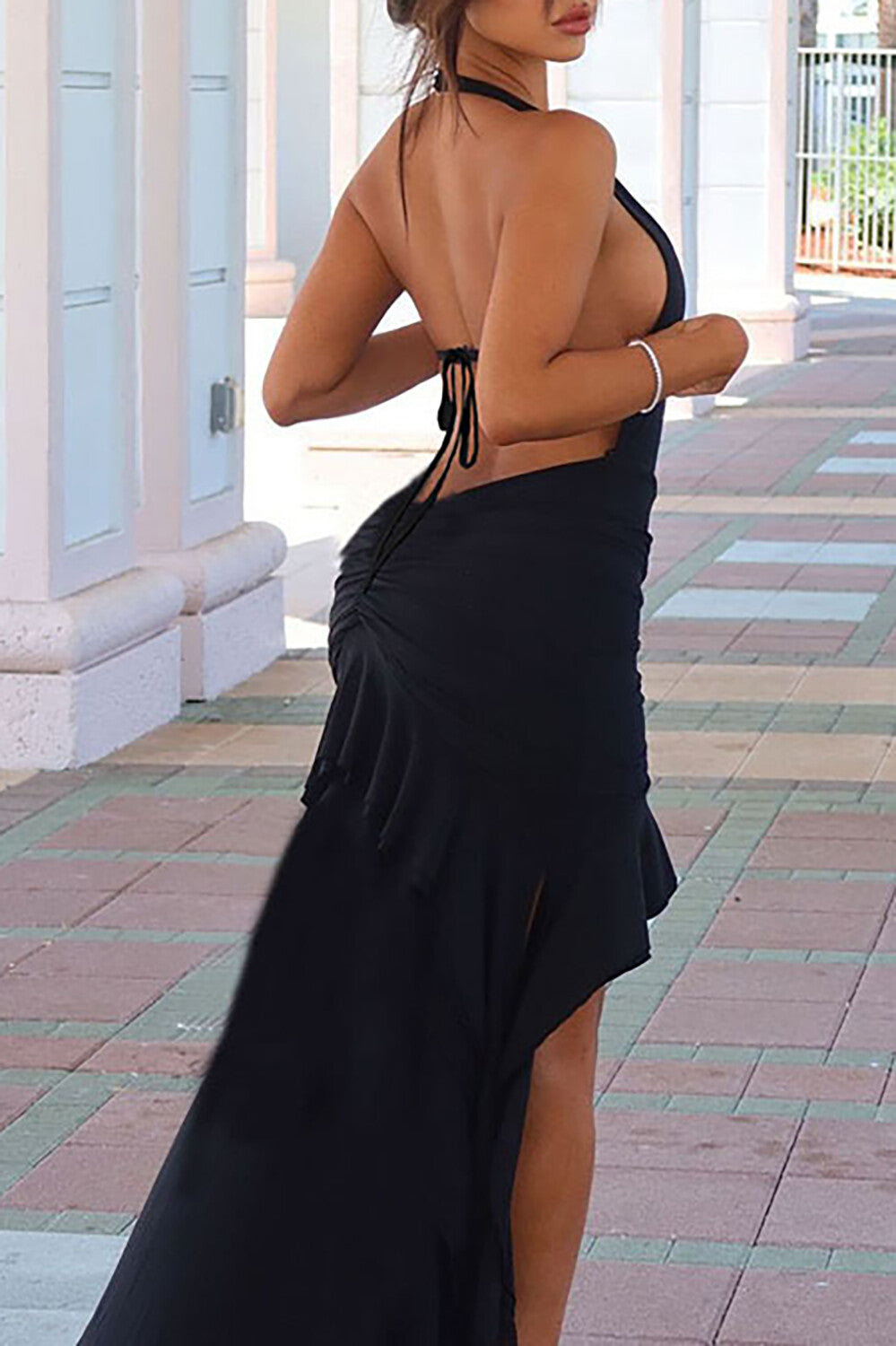 Plunge Neck Sleeveless Ruched Bodycon High - Low Hem Maxi Dresses - Black