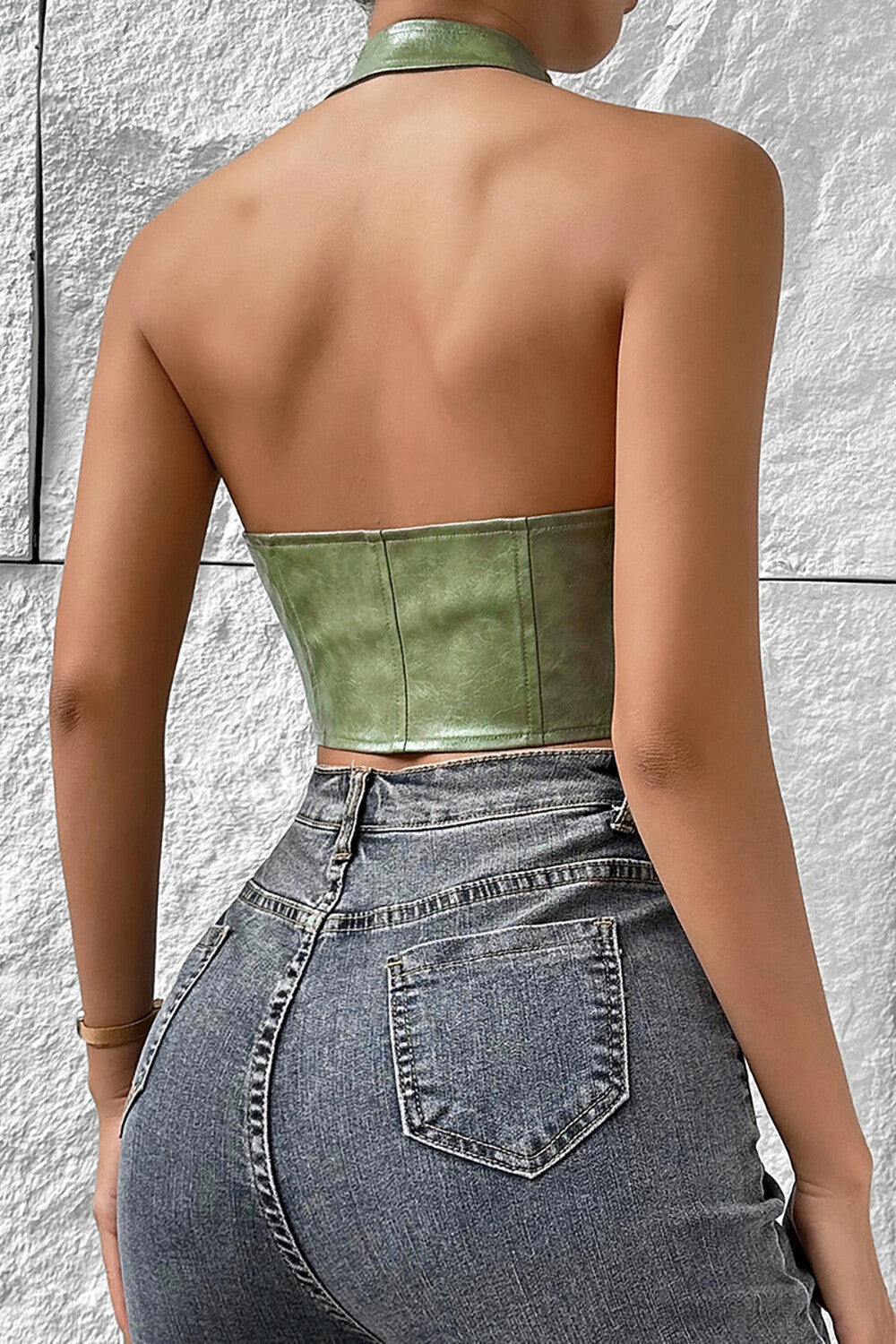 Front Lace Up Deep V Neck PU Leather Halter Crop Top - Brown