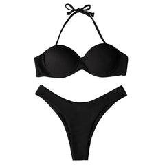 Solid Two Piece Push-Up Bra Bikini Set For Women