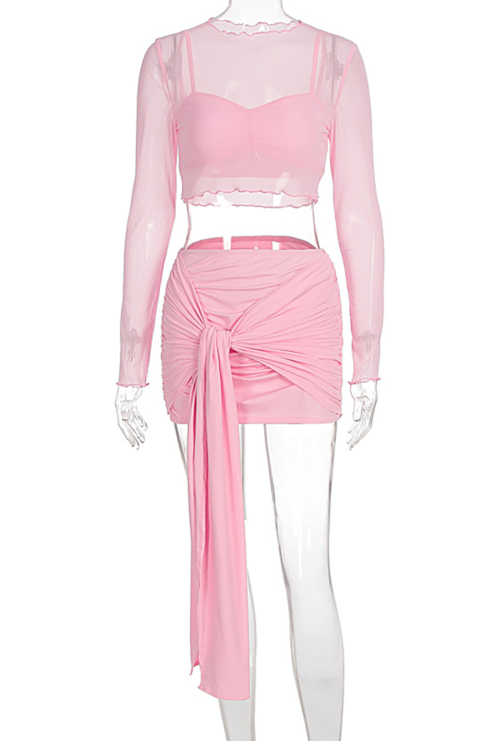 Mesh Long Sleeve Crop Top Crop Cami Ruched Tie Up Sash Mini Skirt 3pcs Set - Pink