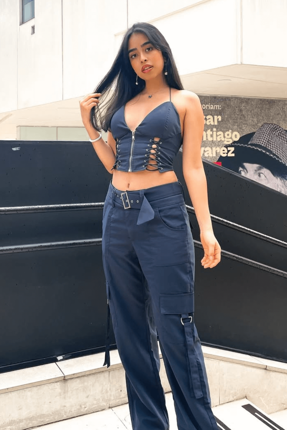 Lace Up Zip Halter Backless Crop Top Pocket Straight Leg Pants 2 Pcs Matching Set - Grey