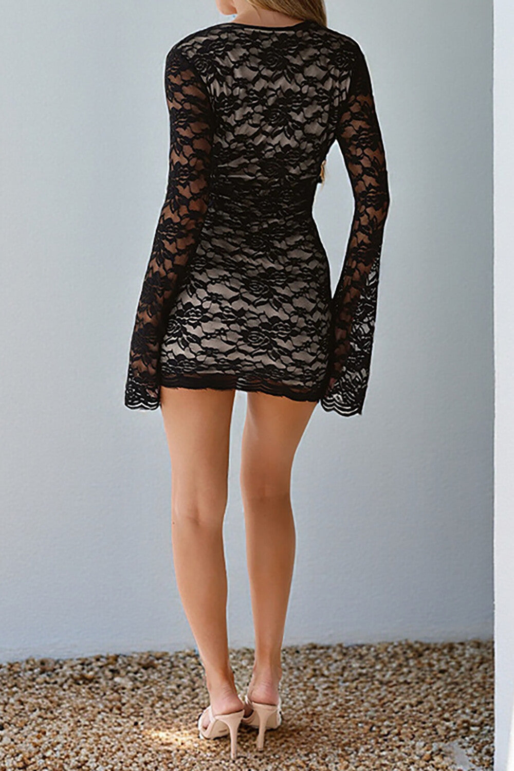 Deep V Neck Tie Up Cutout Flare Sleeve Floral Lace Fitted Mini Dresses - Black