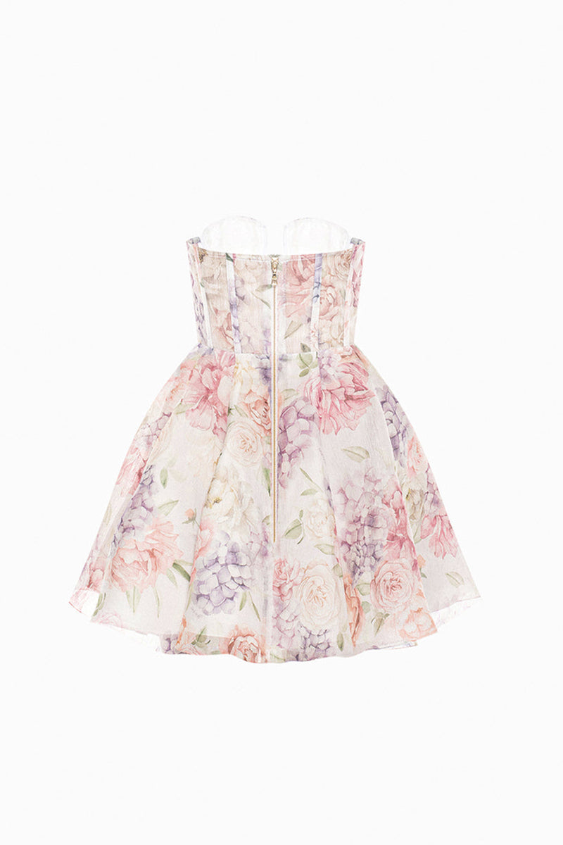 Floral Print Strapless Cutout Corset Design Mini Dresses - Purple