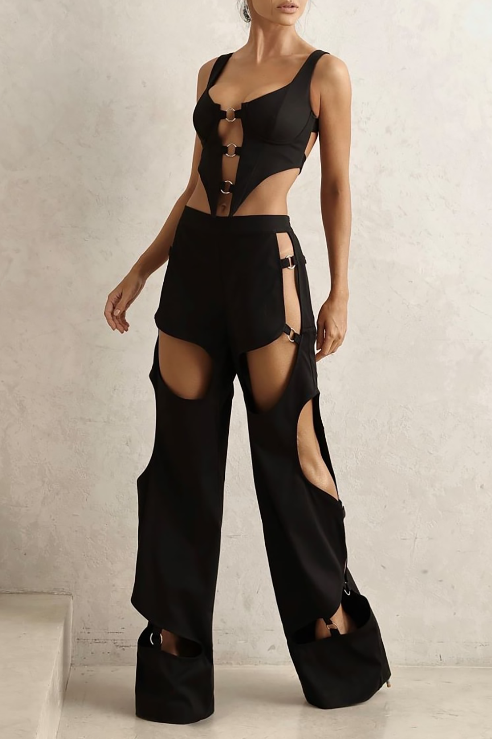 Irregular Crop Cami Cutout Straight Leg Pants 2pcs Set - Black Pre Order