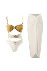 Cutout Colorblock Cami One - Piece Swimsuit Ruched Maxi Skirt 2pcs Set - Yellow