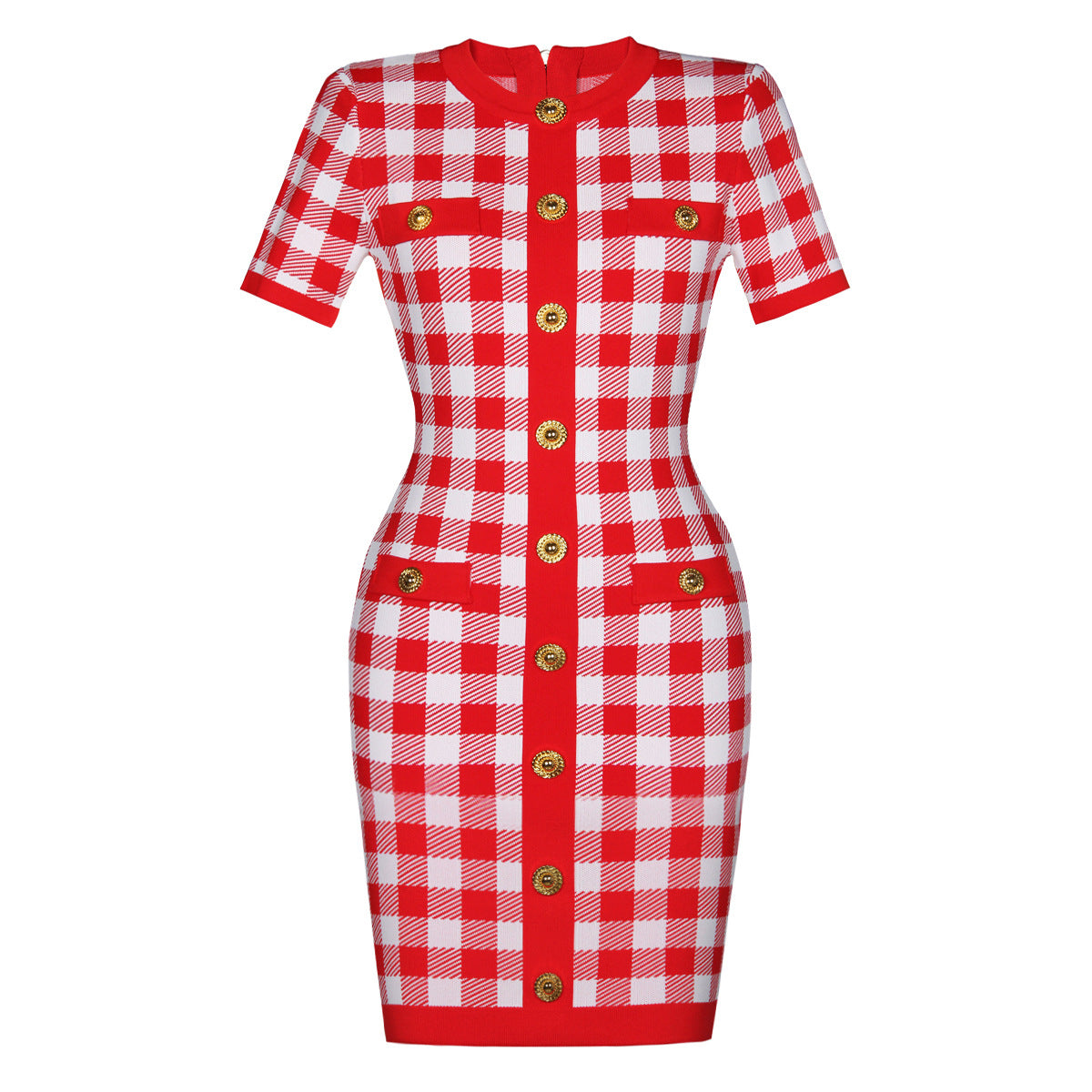 round neck dress with plaid waist cinching and slimming short sleeved knitted dress