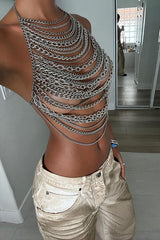 Dangle Chains Cutout Halter Neck Backless Party Crop Top - Silver