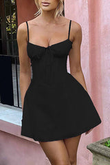 Front Tie Up Corset Design Solid Color A - Line Slip Mini Dresses - Yellow