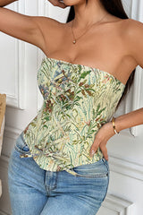 Floral Pattern Boat Neck Strapless Back Lace Up Corset - Green