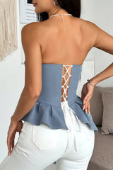 Lace Patchwork Strapless Ruffled Irregular Corset - Blue
