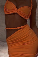 Braided Crop Cami Ruched High Slit Maxi Skirt 2pcs Set - Orange