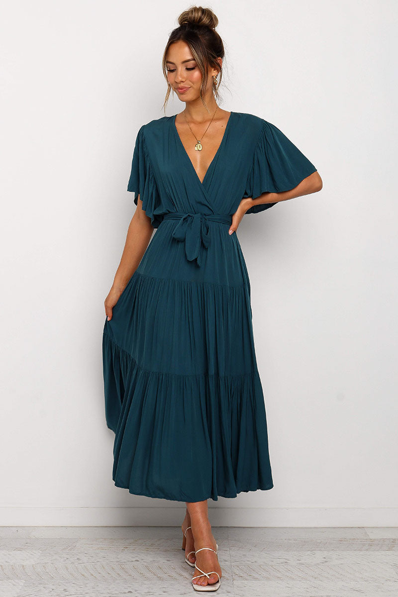 Solid Color Short-Sleeved Long Skirt Dress Dress V-Neck Lace-Up Dress