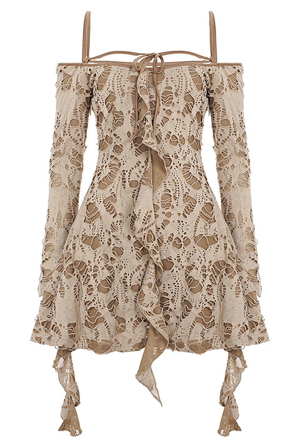 Off Shoulder Long Sleeve Ruffled Ripped Mini Dresses - Khaki