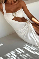 One Shoulder High Slit Midi Dress Metal Decor Strapless Bikini 3pcs Set - White