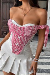 Plaid Patchwork Strapless Tie Up Drop Shoulder Corset - Red