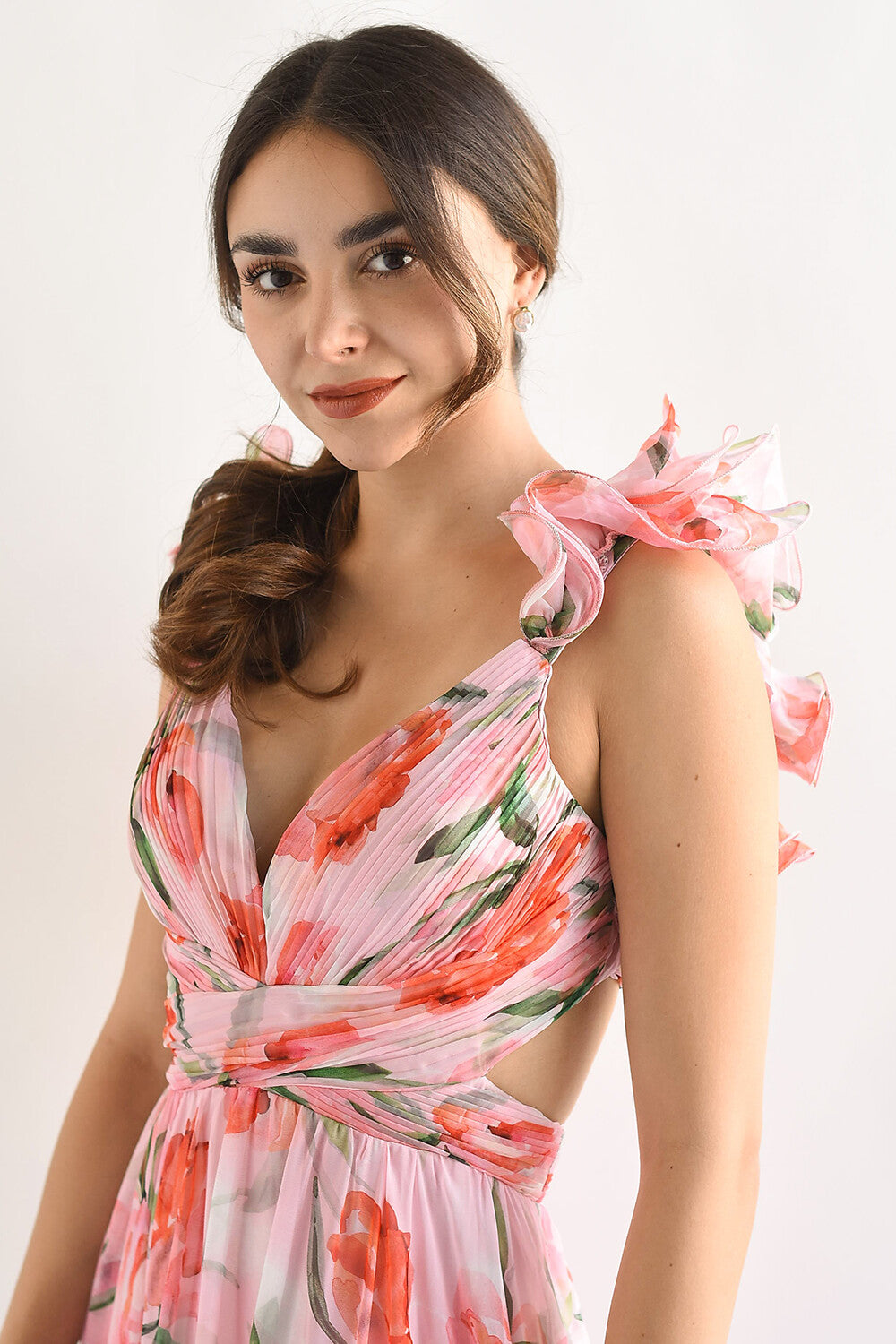 Floral Print Ruffled Straps Lace Up Backless Maxi Dresses - Pink