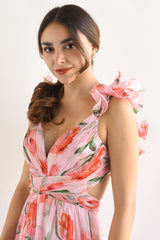 Floral Print Ruffled Straps Lace Up Backless Maxi Dresses - Pink
