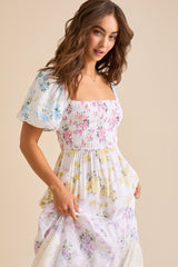 Ditsy Floral Print Puff Sleeve Lace Patchwork Maxi Dresses - White