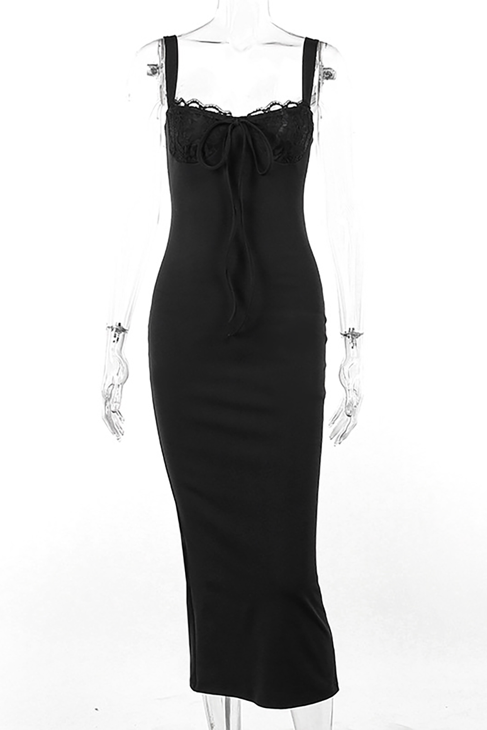 Lace Patchwork Tie Up Solid Color Bodycon Slit Slip Midi Dresses - Blue
