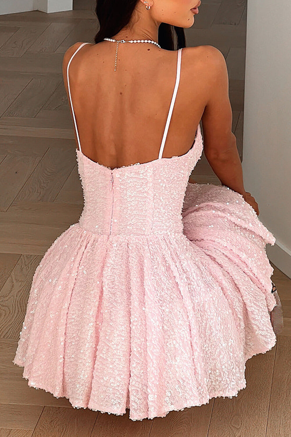 V Neckline Cinch Waist Sequin Strappy Mini Dresses - Pink Pre Order