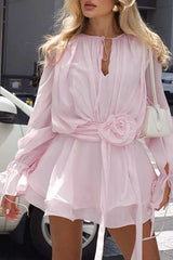 Tie Up Long Sleeve 3D Flower Decor Tiered Hem Solid Color Mini Dresses - Pink
