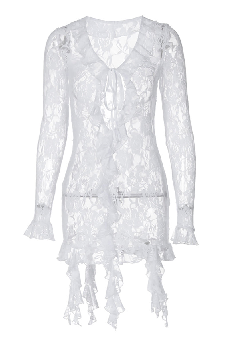 Floral Lace Deep V Neck Long Sleeve Ruffled Streamer Mini Dresses - White
