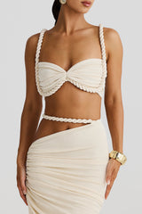 Braided Trim Crop Cami Cutout Ruched Maxi Skirt 2pcs Set - Beige