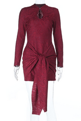 Stand Collar Long Sleeve Cutout Ruched Streamer Lace Mini Dresses - Burgundy